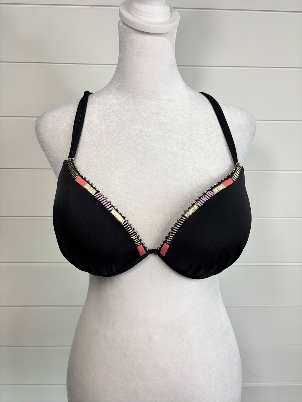 Victoria's Secret Black Push Up Swim Bra Pink, Cream & Gold Bead Trim Size 36